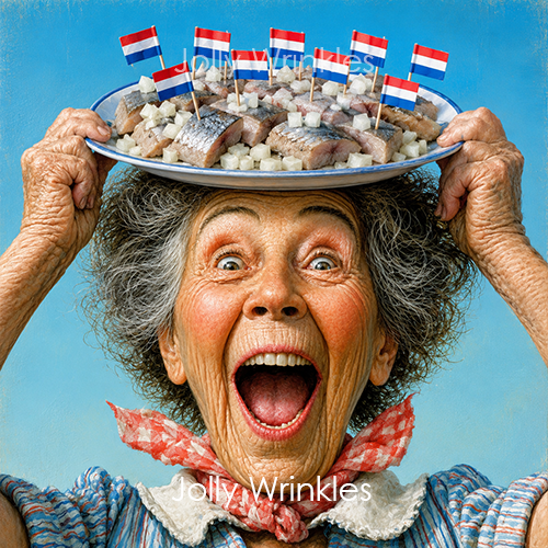 Jolly wrinkles wenskaart vrouw met haring