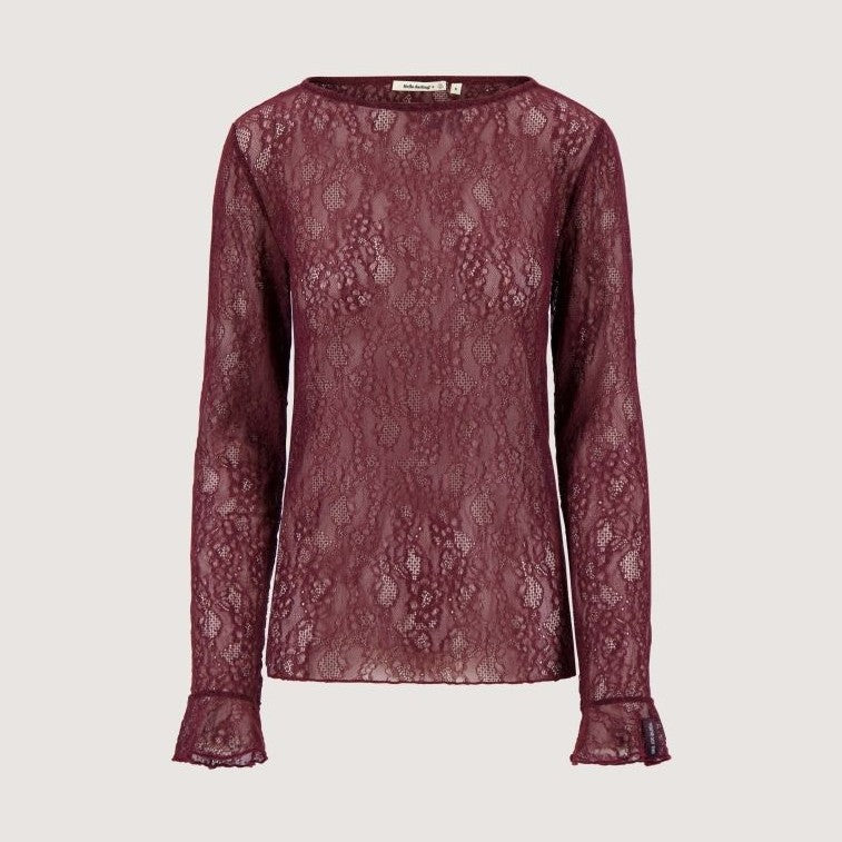 Top van stretch kant met ruffle mouwen .