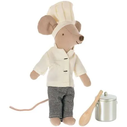Chef kok muis met soeppan en lepel