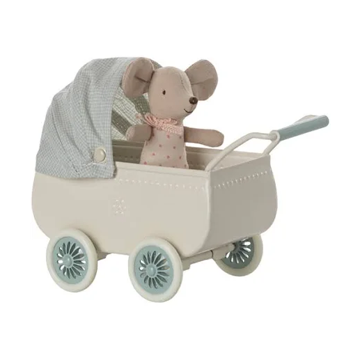 Maileg Pram with baby mouse mint