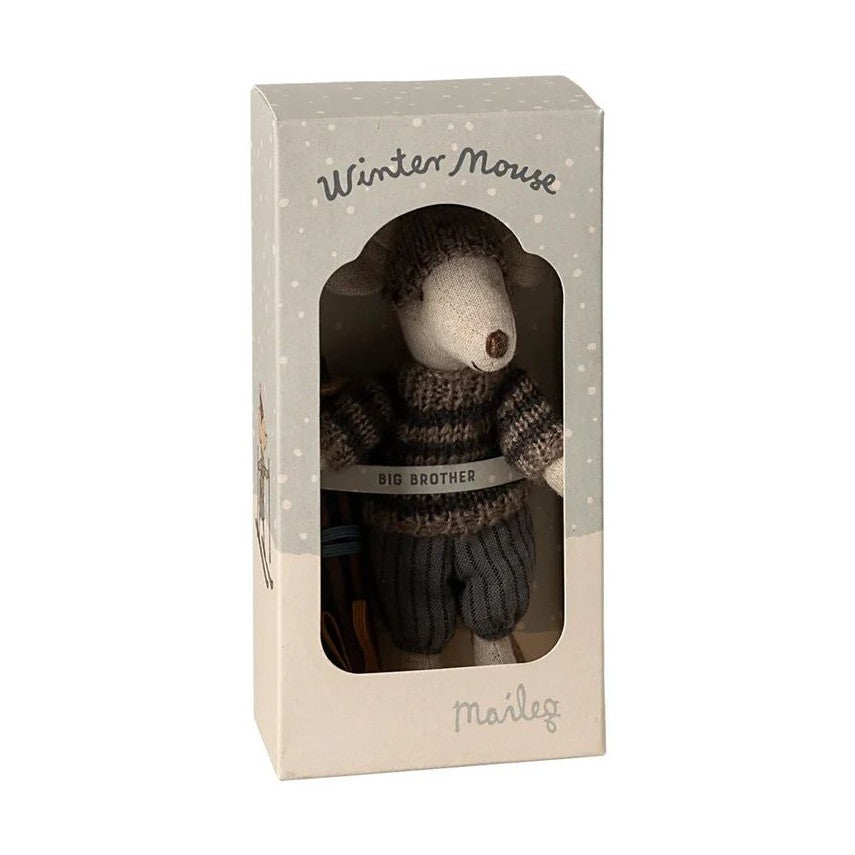 Maileg Winter mouse with ski set big brother grey