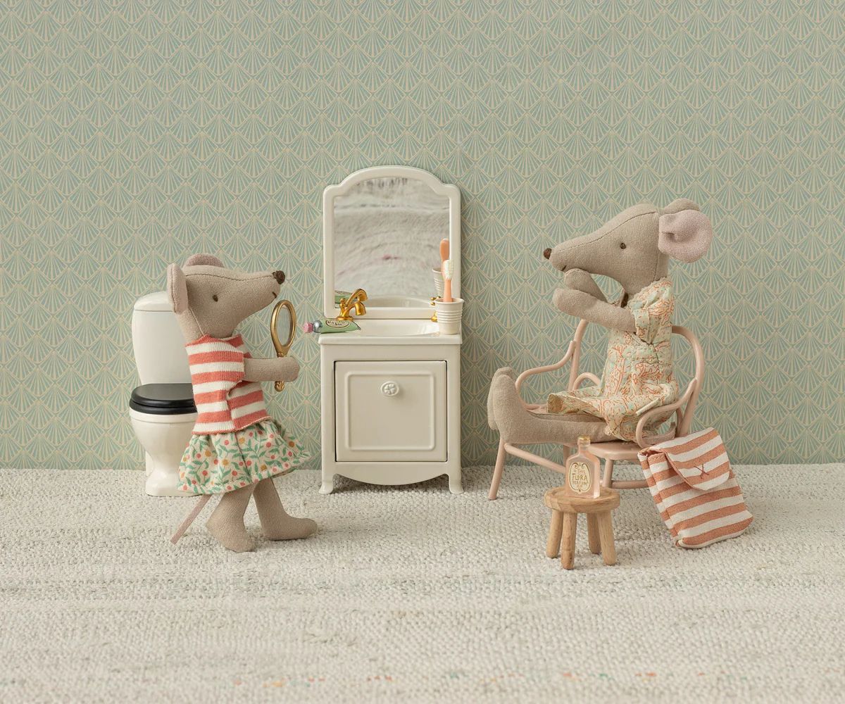 Maileg toothbrush set in bag mouse coral stripe