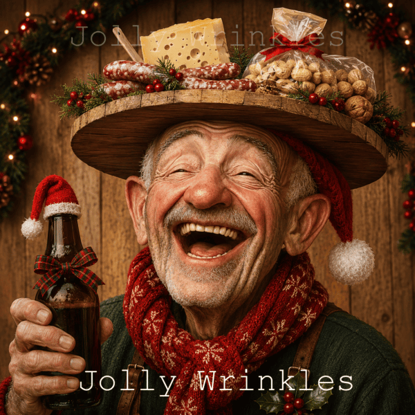 Jolly wrinkles wenskaart man met kerstborrelplank