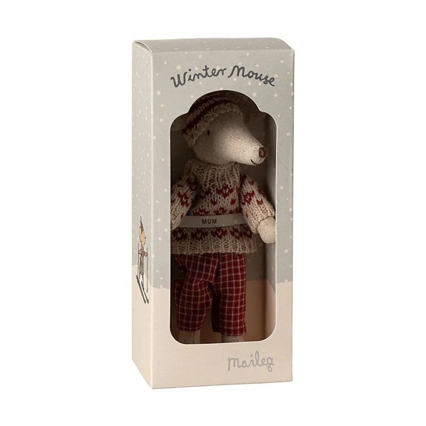 Maileg winter mouse with ski set Mum red