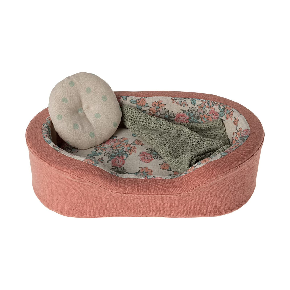Maileg cosy basket dog or cat coral