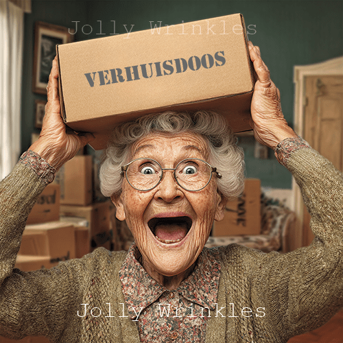 Jolly wrinkles wenskaart verhuisdoos op je hoofd