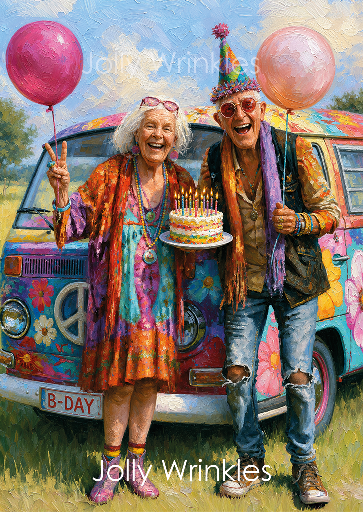 Jolly wrinkles ansichtkaart Jarige hippies