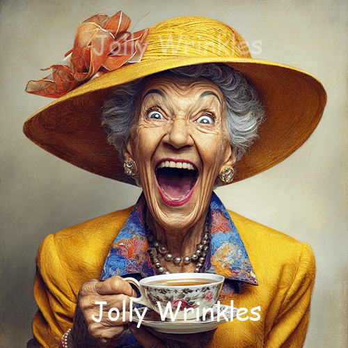 Jolly wrinkles wenskaart thee dame in geel