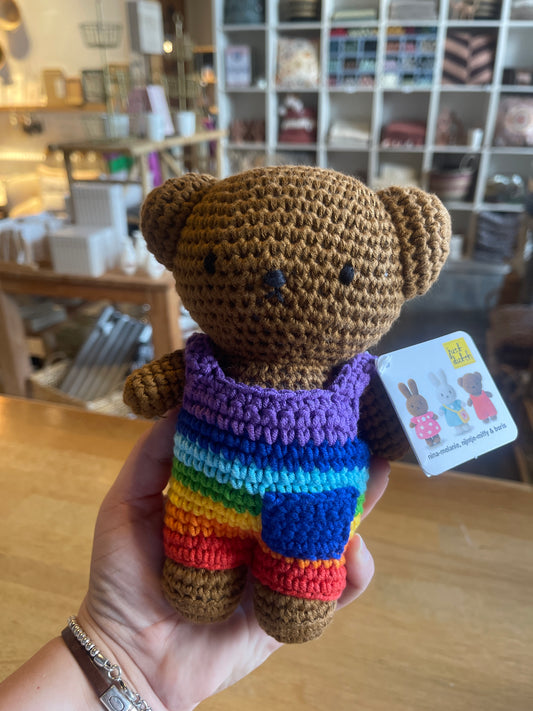 boris handmade and his bright rainbow overall