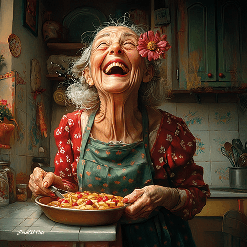 Jolly wrinkles wenskaart oude vrouw bakt appeltaart