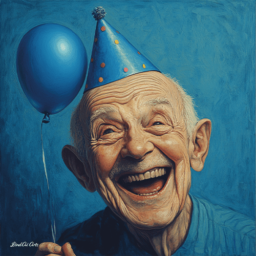 Jolly wrinkles wenskaart jaige man met blauwe feestmuts