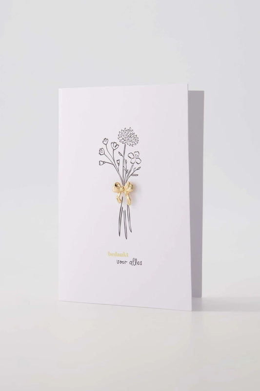 Wenskaart Broche Strikje Bedankt Wit/Zwart/Goud