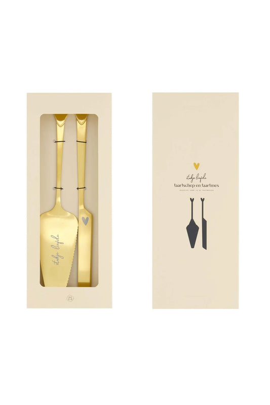 Zusss taartschep en taartmes hartje goud
