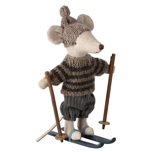 Maileg Winter mouse with ski set big brother grey
