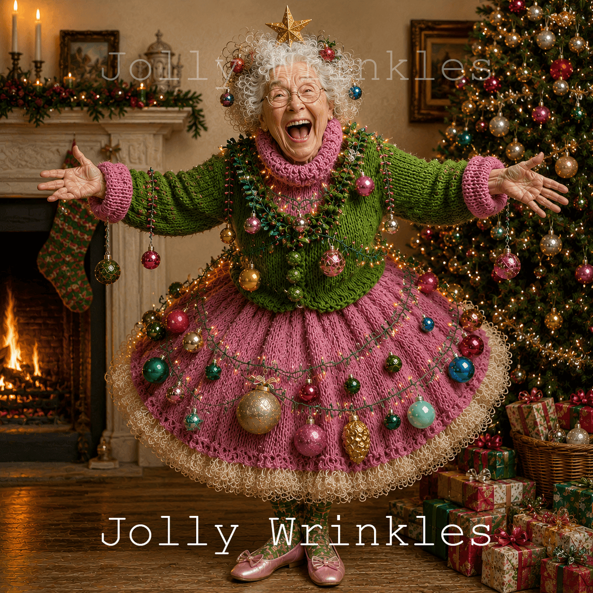 Jolly wrinkles wenskaart oma in gebreide kerstjurk