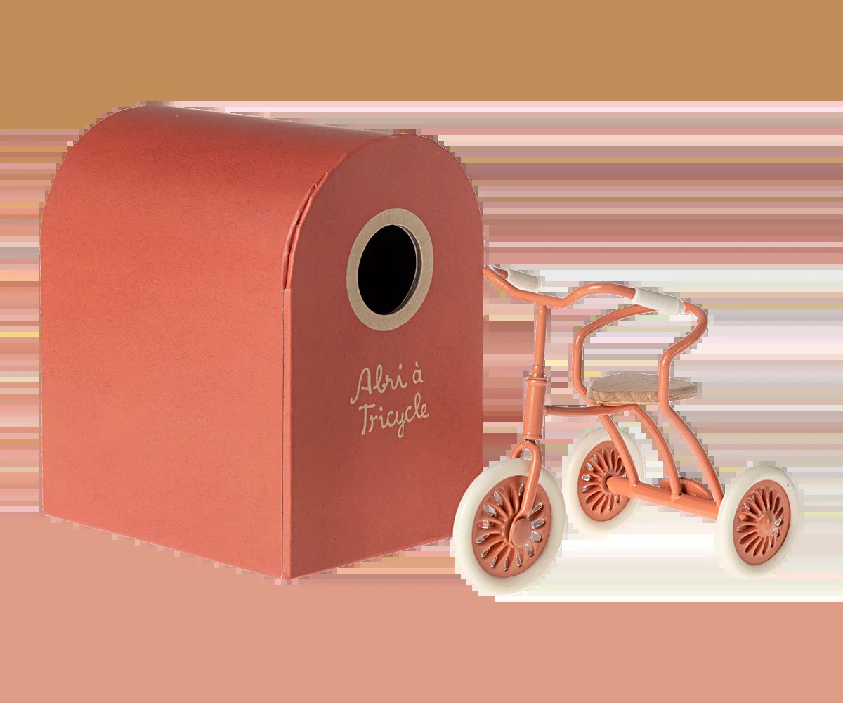 Maileg abri a tricycle mouse coral