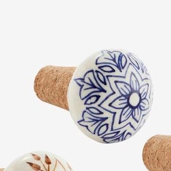 Madam stoltz hand painted stoneware bottle stopper blue