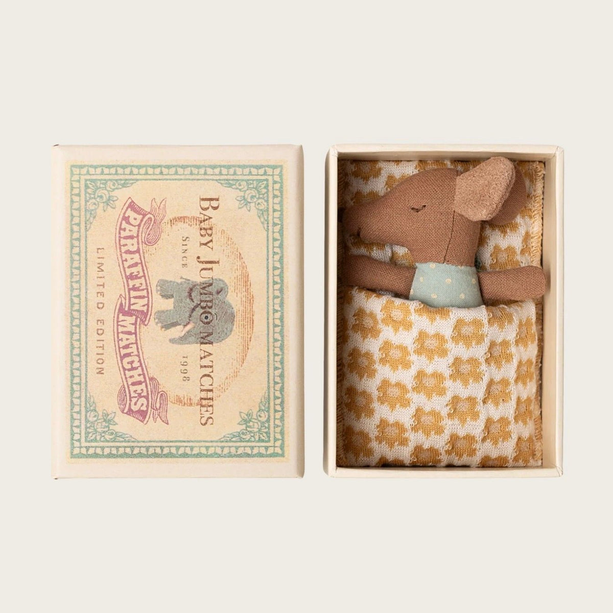 Maileg Sleepy wakey baby mouse in matchbox blue