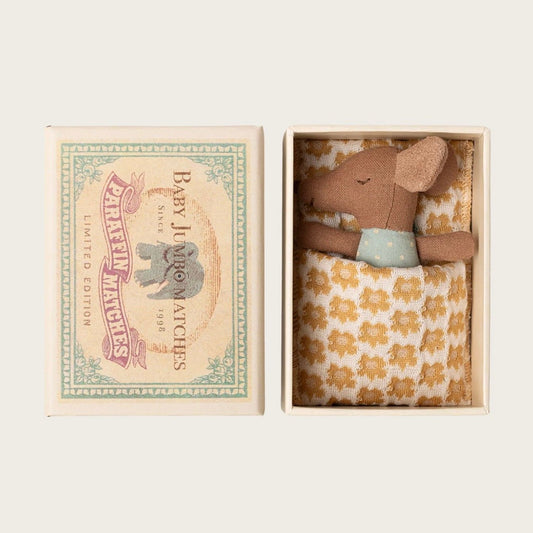 Maileg Sleepy wakey baby mouse in matchbox blue