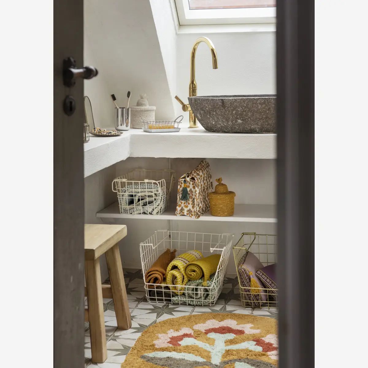 Madam stoltz oval tufted bath mat Mustard rose