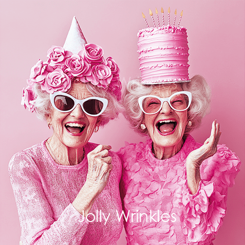 Jolly wrinkles wenskaart twee blije dames in roze