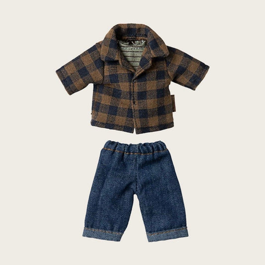 Maileg brown checked shirt and pants dad mouse
