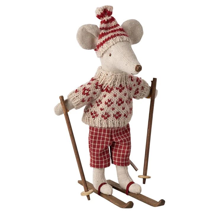 Maileg winter mouse with ski set Mum red