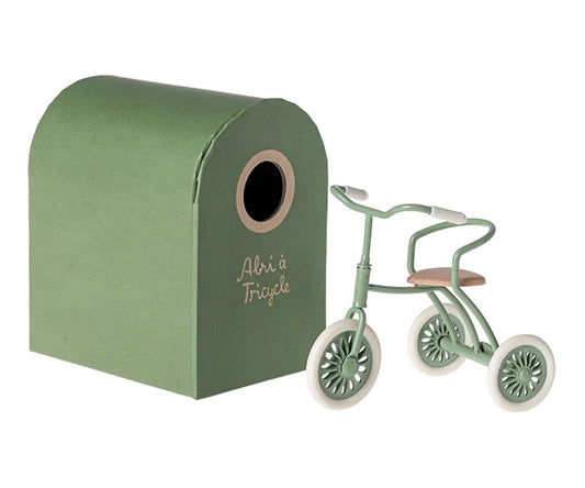 Maileg abri a Tricycle green mouse