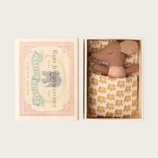 Maileg sleepy wakey baby mouse in matchbox rose