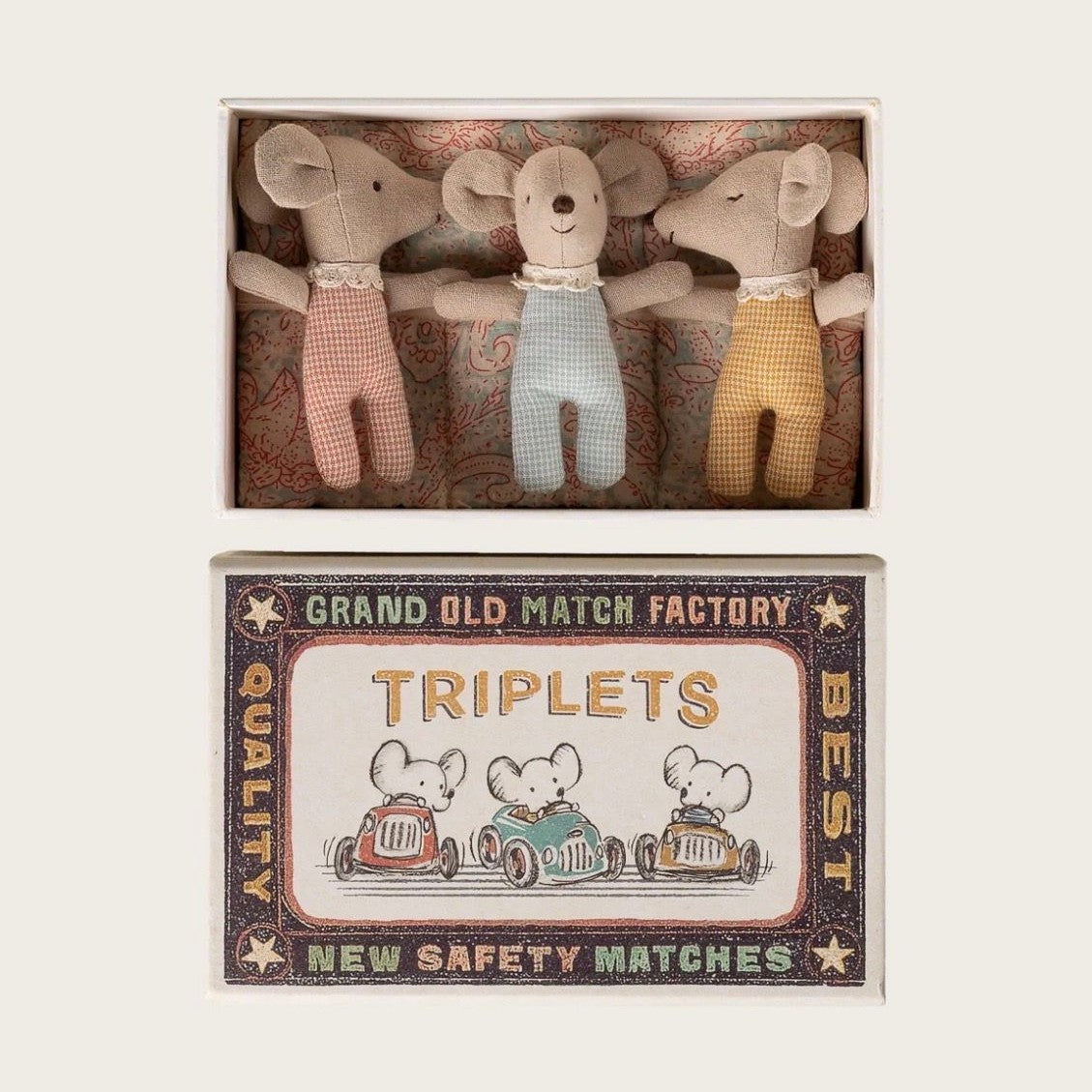 Maileg triplets baby mice in matchbox checker