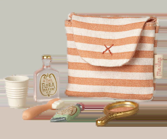 Maileg toothbrush set in bag mouse coral stripe