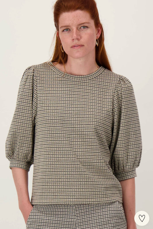 Zusss geruite top met pofmouw M mid brown