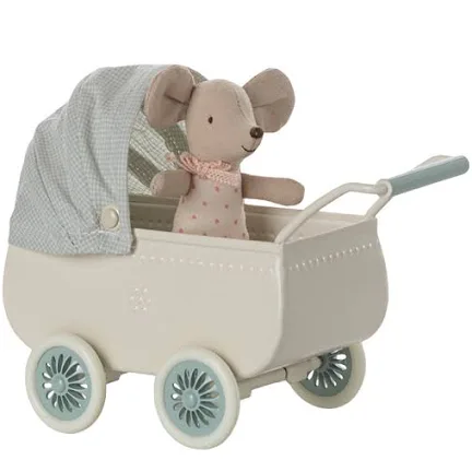 Maileg Pram with baby mouse mint