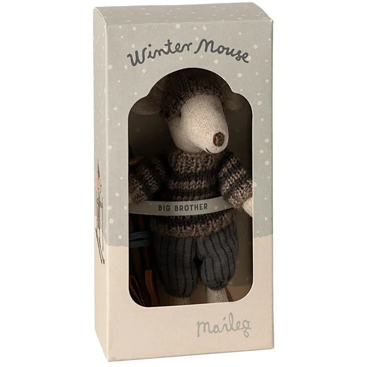 Maileg Winter mouse with ski set big brother grey