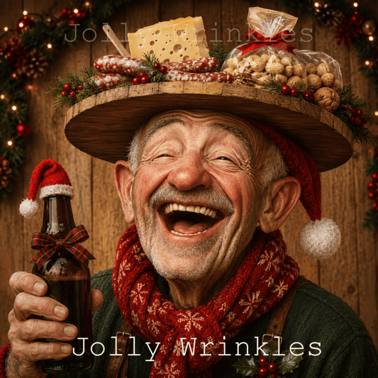 Jolly wrinkles wenskaart man met kerstborrelplank