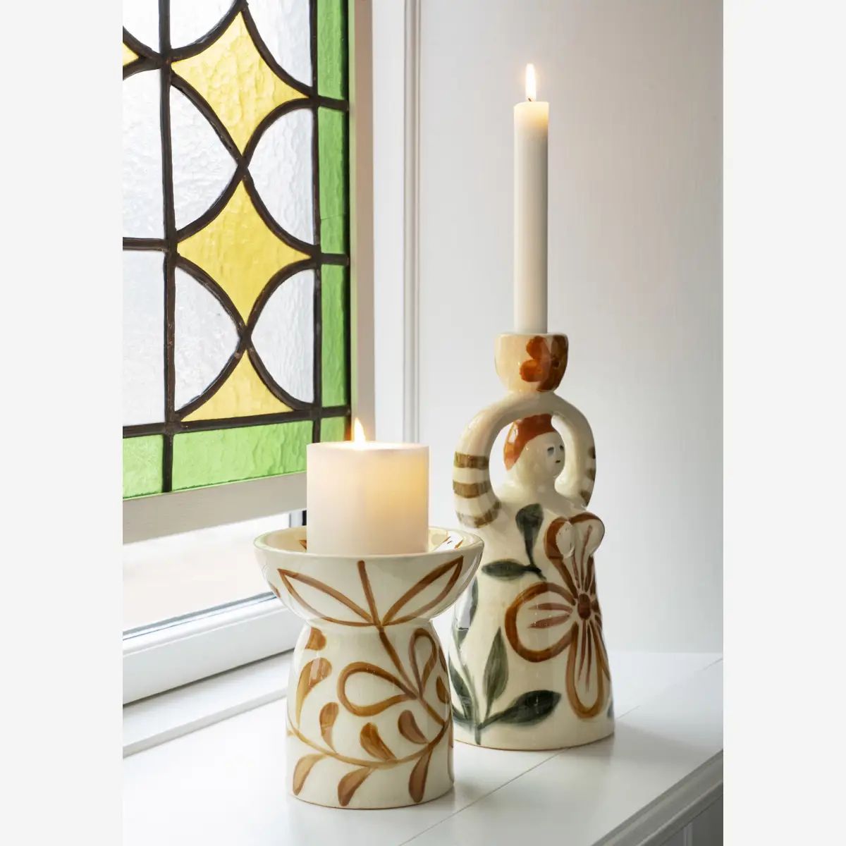 Madam stoltz hand painted candle holder stoneware caramel