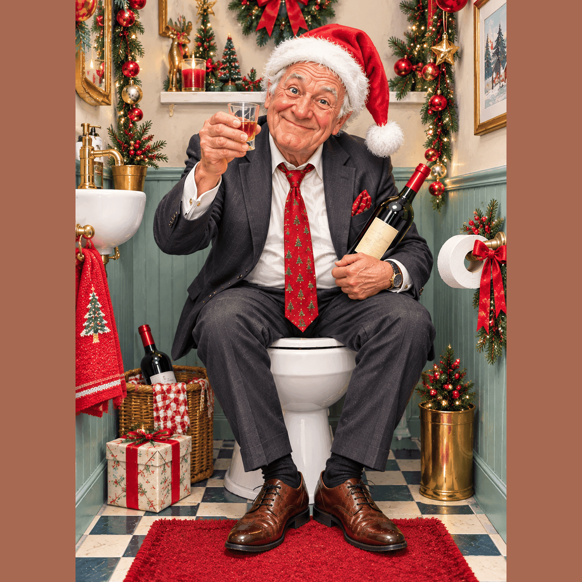 Jolly wrinkles ansichtkaart stiekem kerstdrankje op het toilet