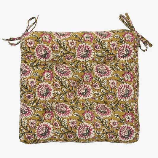 Madam Stoltz printed cotton chair pad Mustard