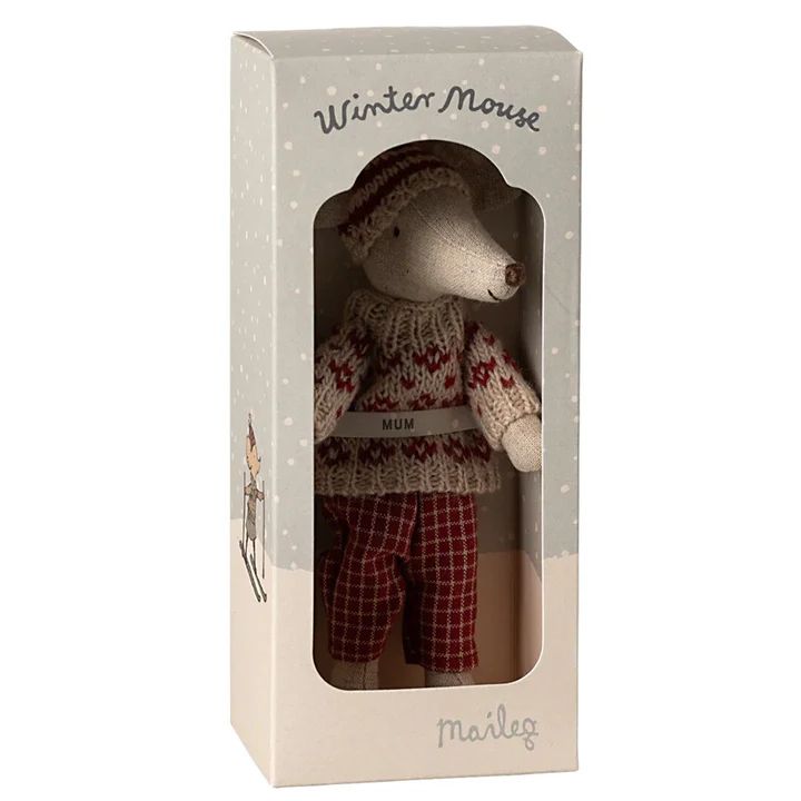 Maileg winter mouse with ski set Mum red