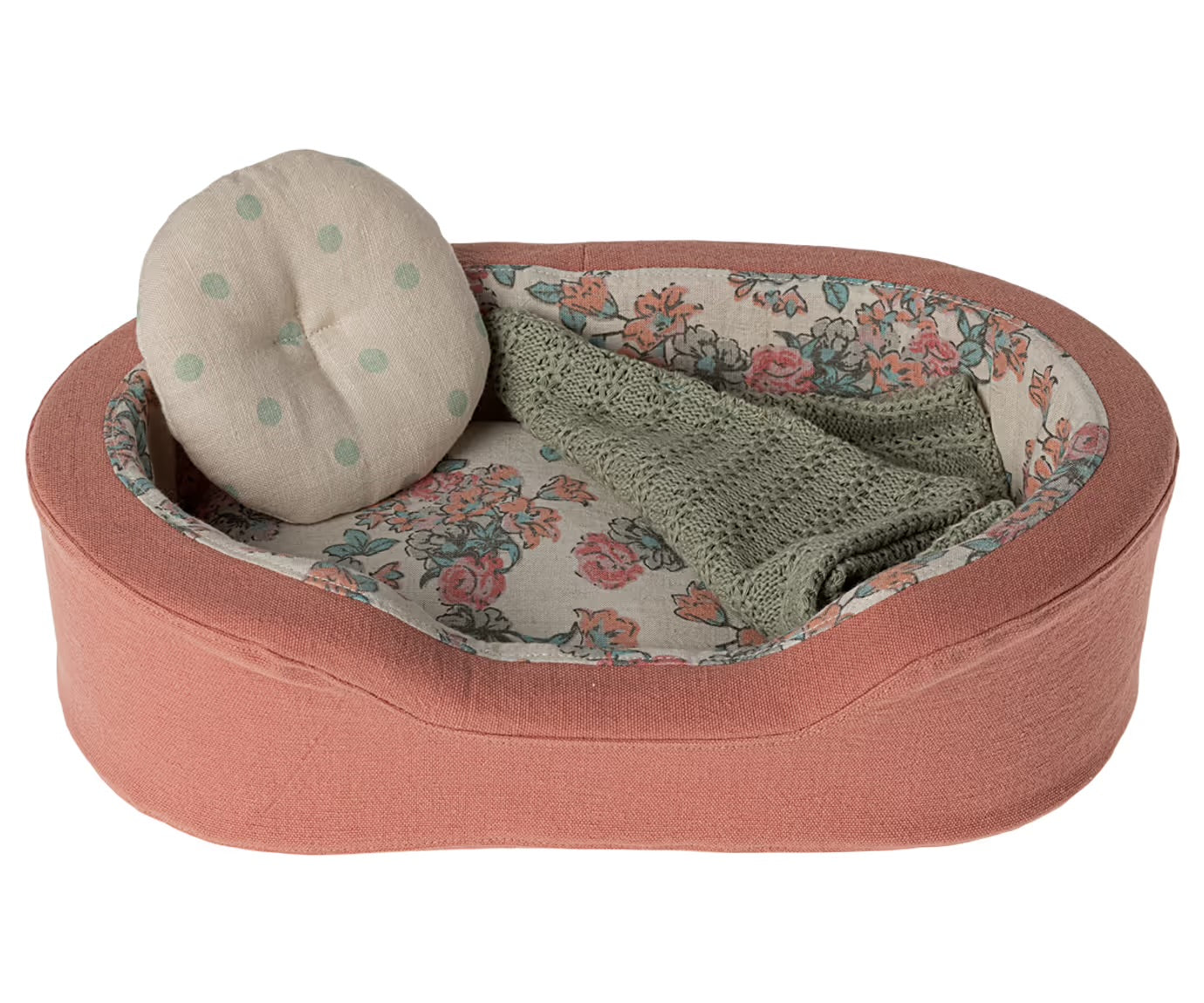 Maileg cosy basket dog or cat coral