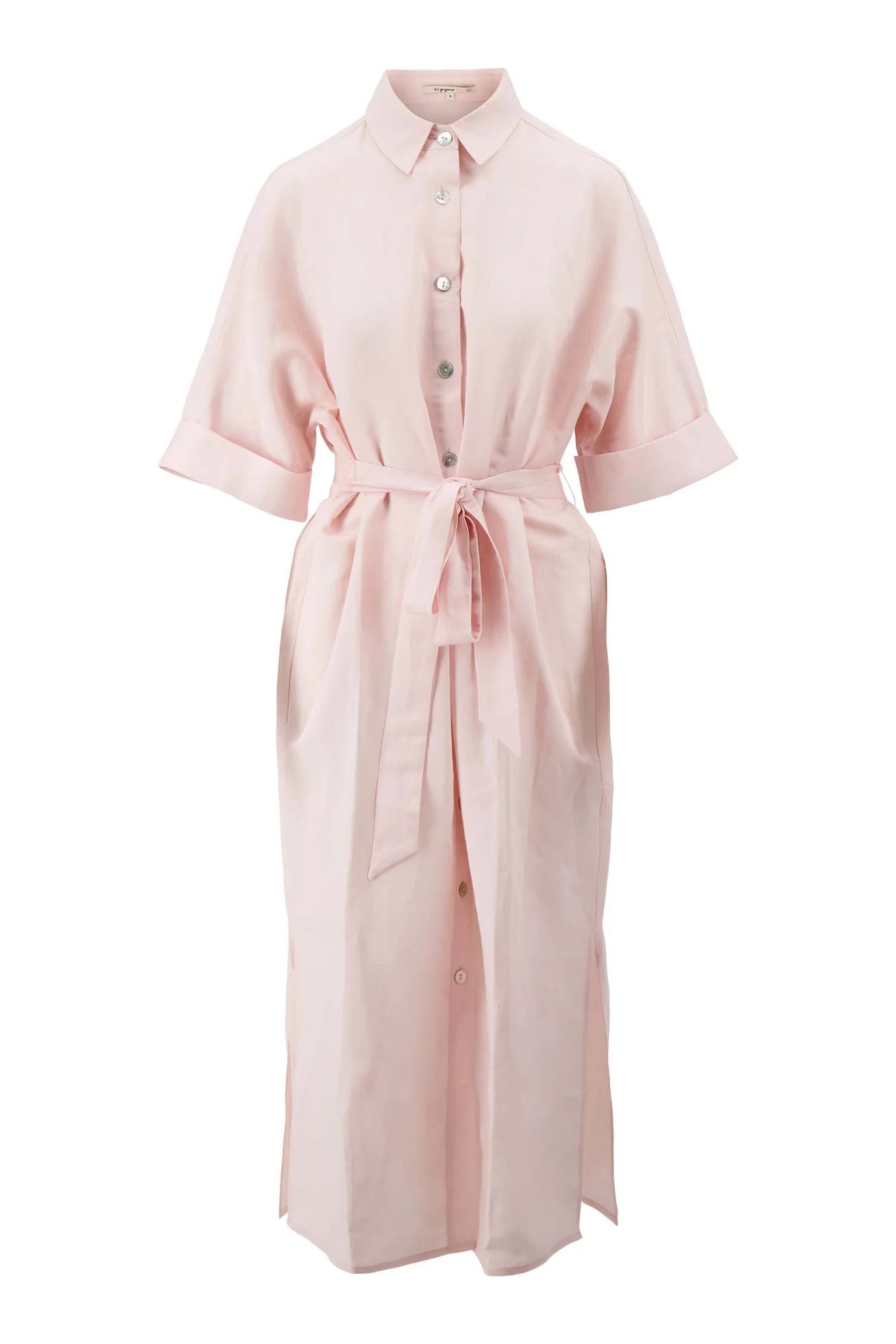 Linnen wijde doorknoopjurk met korte mouw soft pink