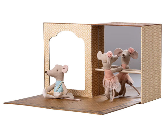 Maileg Ballet mice in dance studio with little sister and brother